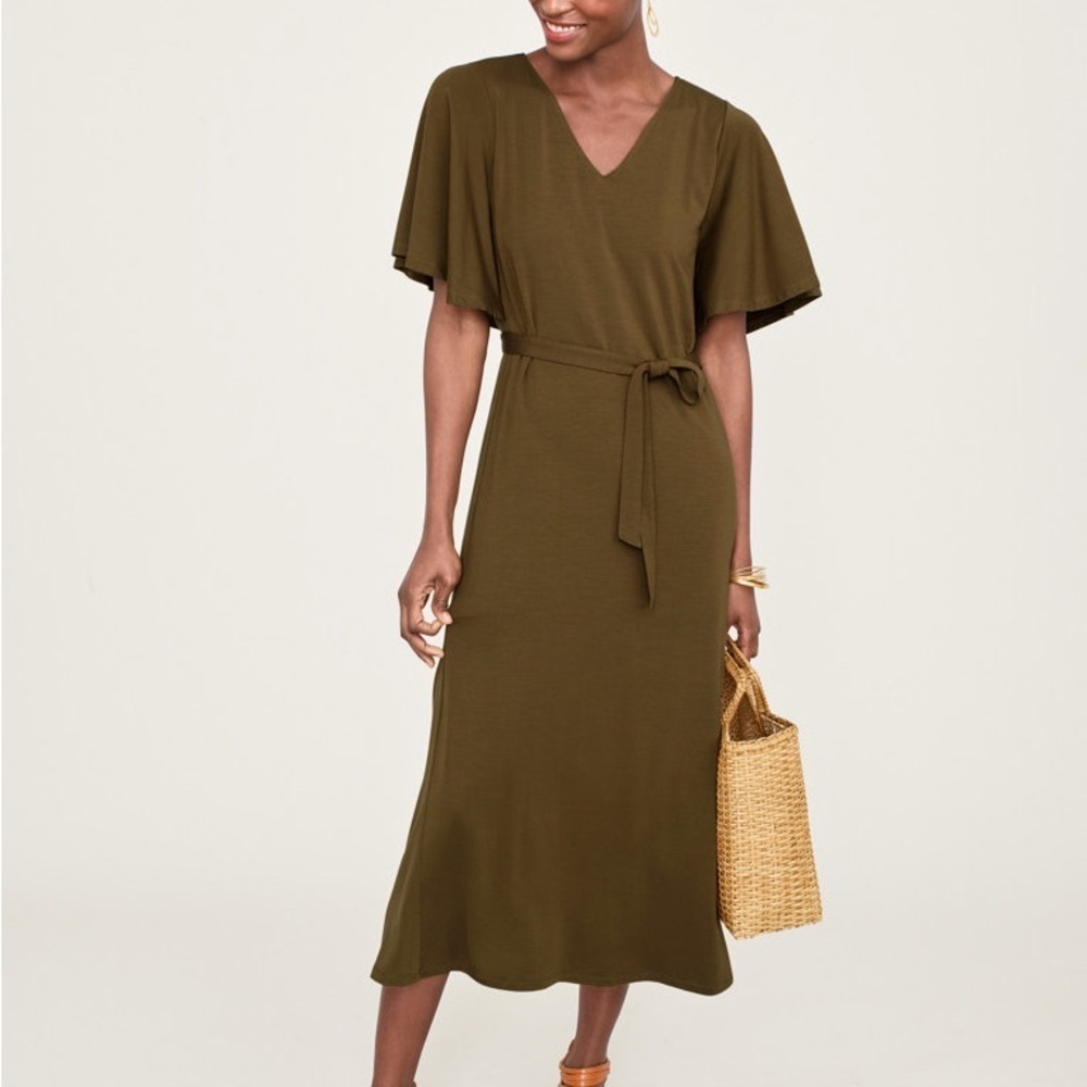 Garnet Hill Olive Green V-Neck Midi Dress with Tie Waist